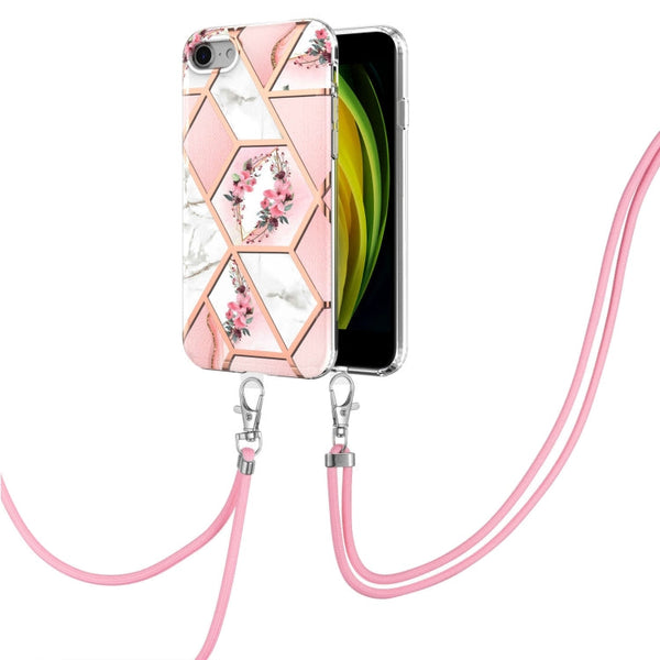 Electroplating Splicing Marble Flower Pattern TPU Shockproof Case with Lanyard, For iPhone XS Max, For iPhone 8 Plus / 7 Plus, For iPhone SE 2022 / SE 2020 / 8 / 7