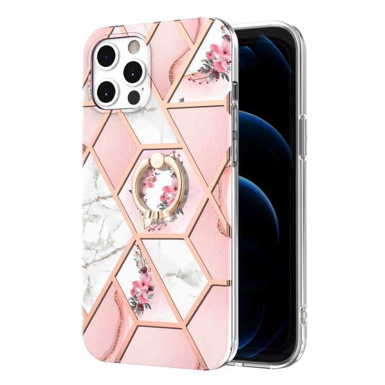 Electroplating Splicing Marble Flower Pattern TPU Shockproof Case with Rhinestone Ring Holder, For iPhone 12 Pro Max, For iPhone 11, For iPhone 11 Pro, For iPhone 11 Pro Max, For iPhone X / XS, For iPhone XR