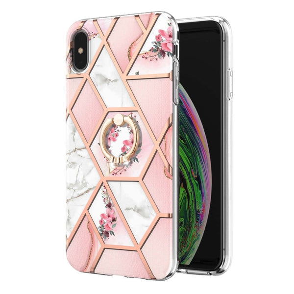 Electroplating Splicing Marble Flower Pattern TPU Shockproof Case with Rhinestone Ring Holder, For iPhone XS Max, For iPhone SE 2022 / SE 2020 / 7 / 8, For iPhone 7 Plus / 8 Plus