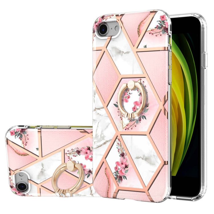 Electroplating Splicing Marble Flower Pattern TPU Shockproof Case with Rhinestone Ring Holder, For iPhone XS Max, For iPhone SE 2022 / SE 2020 / 7 / 8, For iPhone 7 Plus / 8 Plus