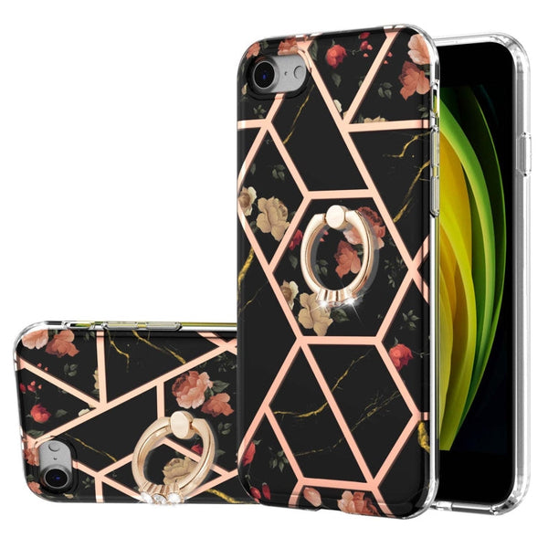 Electroplating Splicing Marble Flower Pattern TPU Shockproof Case with Rhinestone Ring Holder, For iPhone XS Max, For iPhone SE 2022 / SE 2020 / 7 / 8, For iPhone 7 Plus / 8 Plus
