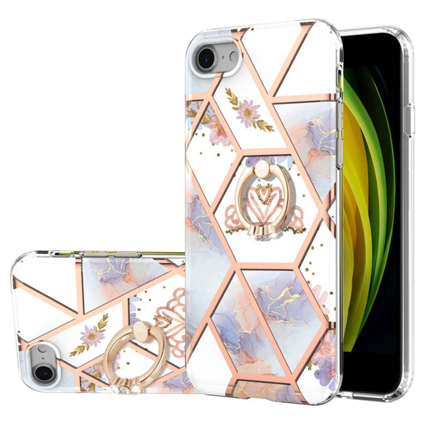 Electroplating Splicing Marble Flower Pattern TPU Shockproof Case with Rhinestone Ring Holder, For iPhone XS Max, For iPhone SE 2022 / SE 2020 / 7 / 8, For iPhone 7 Plus / 8 Plus