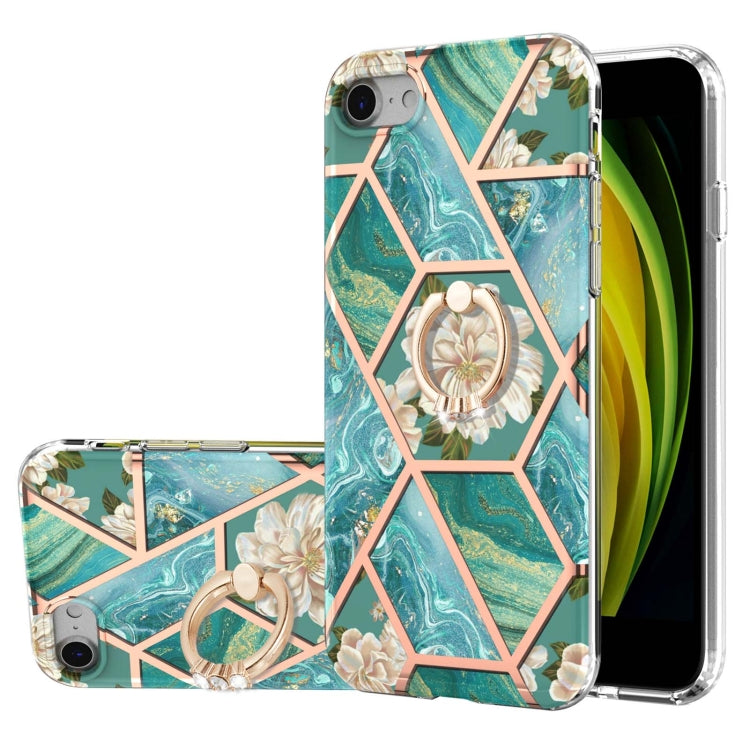 Electroplating Splicing Marble Flower Pattern TPU Shockproof Case with Rhinestone Ring Holder, For iPhone XS Max, For iPhone SE 2022 / SE 2020 / 7 / 8, For iPhone 7 Plus / 8 Plus