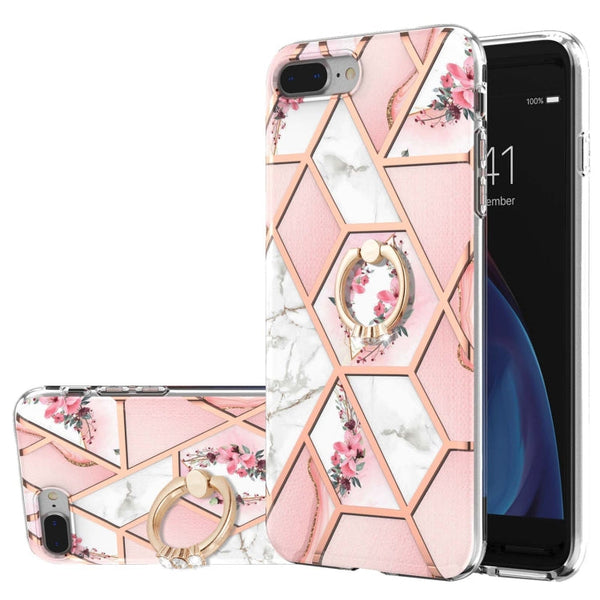 Electroplating Splicing Marble Flower Pattern TPU Shockproof Case with Rhinestone Ring Holder, For iPhone XS Max, For iPhone SE 2022 / SE 2020 / 7 / 8, For iPhone 7 Plus / 8 Plus