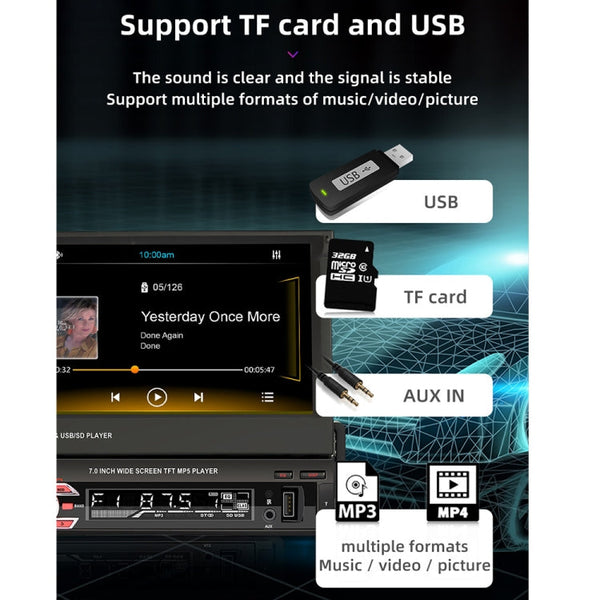 9601C HD 7 inch Universal Car Manually Retractable Screen MP5 Player with Carplay, Support FM & Bluetooth & TF Card