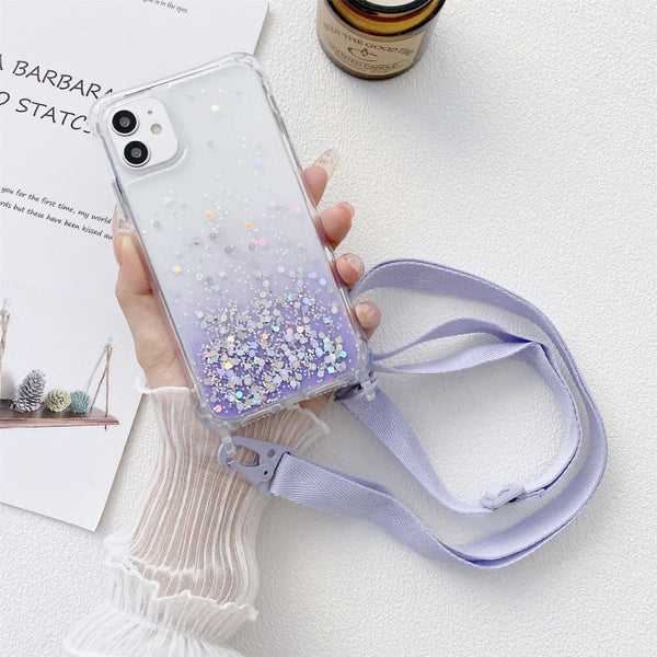 Gradient Glitter Powder Epoxy TPU Thickened Acrylic Shockproof Case with Wide Neck Lanyard