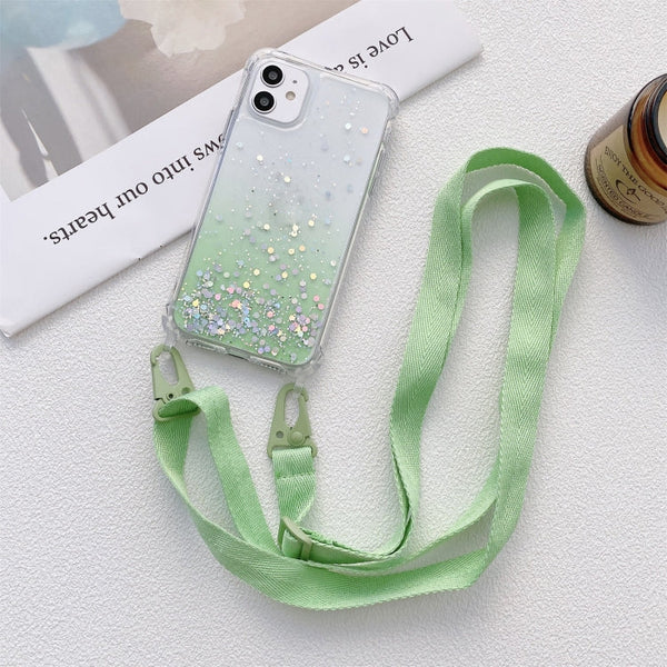 Gradient Glitter Powder Epoxy TPU Thickened Acrylic Shockproof Case with Wide Neck Lanyard