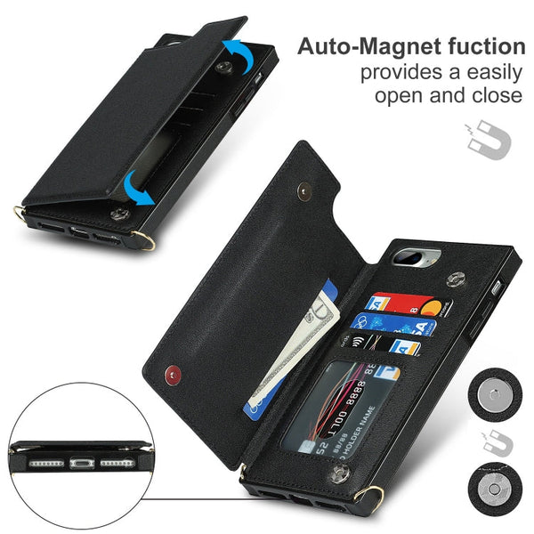 Cross-body Square Double Buckle Flip Card Bag TPU+PU Case with Card Slots & Wallet & Photo & Strap, For iPhone 8 Plus / 7 Plus, For iPhone SE 2022 / SE 2020 / 8 / 7, For iPhone 11, For iPhone 11 Pro
