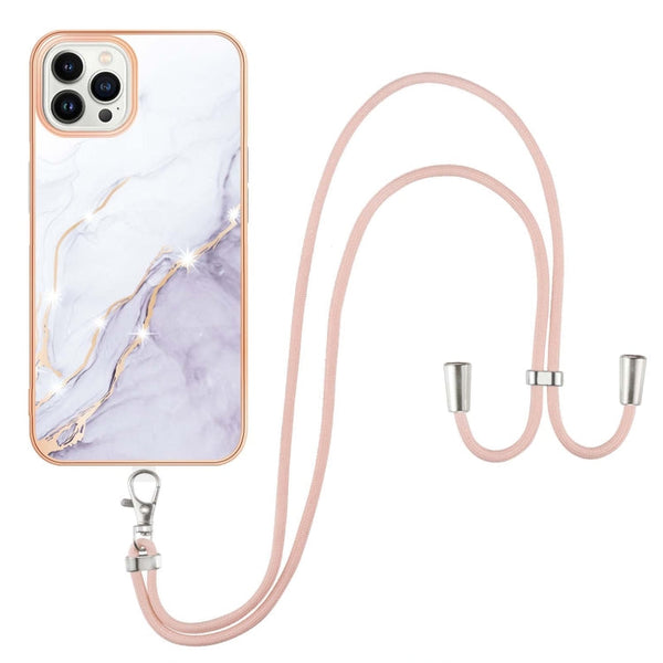 Electroplating Marble Pattern IMD TPU Shockproof Case with Neck Lanyard, For iPhone 13 mini, For iPhone 13, For iPhone 13 Pro, For iPhone 13 Pro Max