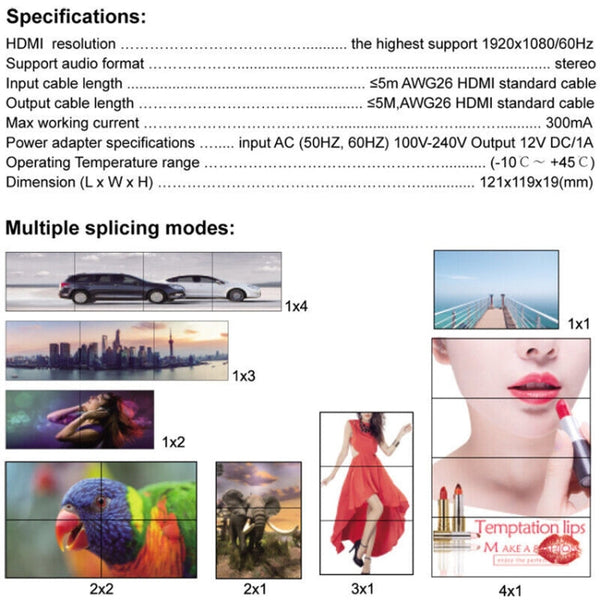 1080P 2 x 2 HDMI + DVI to 4 HDMI Ports Video Wall Controller, 1080P