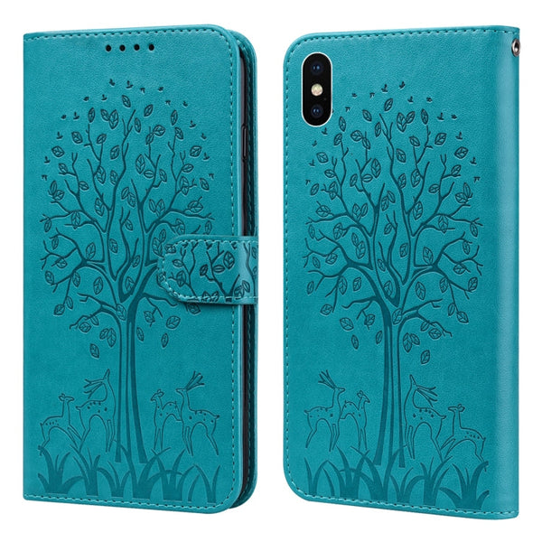 Tree & Deer Pattern Pressed Printing Horizontal Flip Leather Phone Case, For iPhone XS Max, For iPhone 7 / 8 / SE 2020 / SE 2022, For iPhone 11, For iPhone 11 Pro