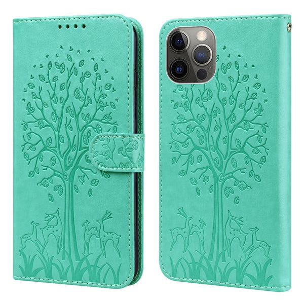 Tree & Deer Pattern Pressed Printing Horizontal Flip Leather Phone Case, For iPhone XS Max, For iPhone 7 / 8 / SE 2020 / SE 2022, For iPhone 11, For iPhone 11 Pro