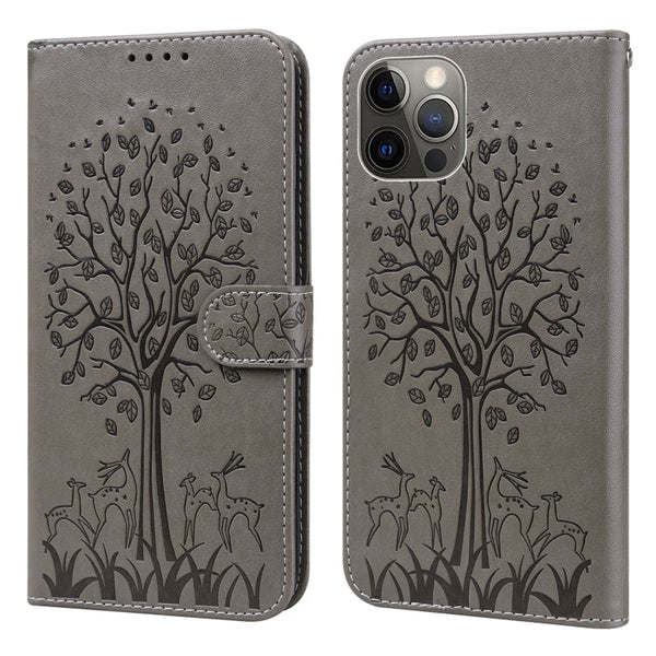 Tree & Deer Pattern Pressed Printing Horizontal Flip Leather Phone Case, For iPhone 11 Pro Max, For iPhone 12 / 12 Pro, For iPhone 12 Pro Max / 13 Pro Max, For iPhone 12 mini / 13 mini