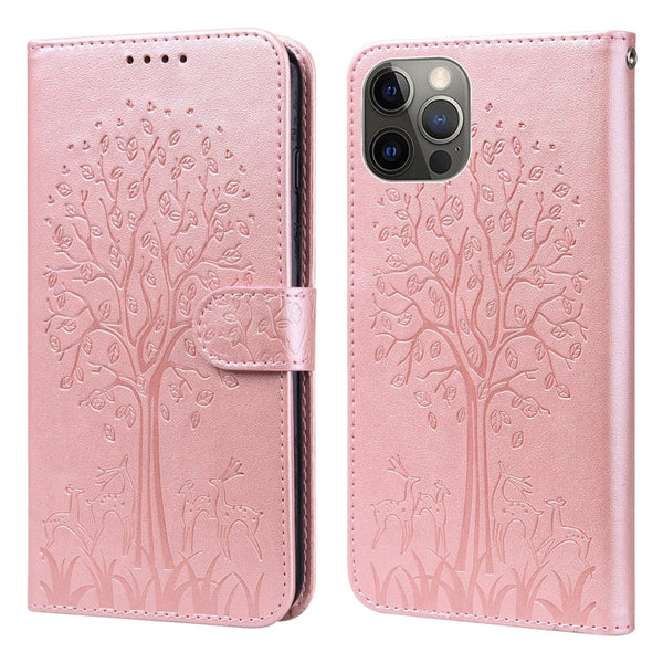Tree & Deer Pattern Pressed Printing Horizontal Flip Leather Phone Case, For iPhone 13 Pro, For iPhone 13, For iPhone X / XS, For iPhone XR
