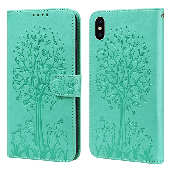 Tree & Deer Pattern Pressed Printing Horizontal Flip Leather Phone Case, For iPhone 13 Pro, For iPhone 13, For iPhone X / XS, For iPhone XR