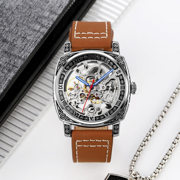 SKMEI 9271 Stainless Steel Buckle Leather Strap Waterproof Mechanical Watch