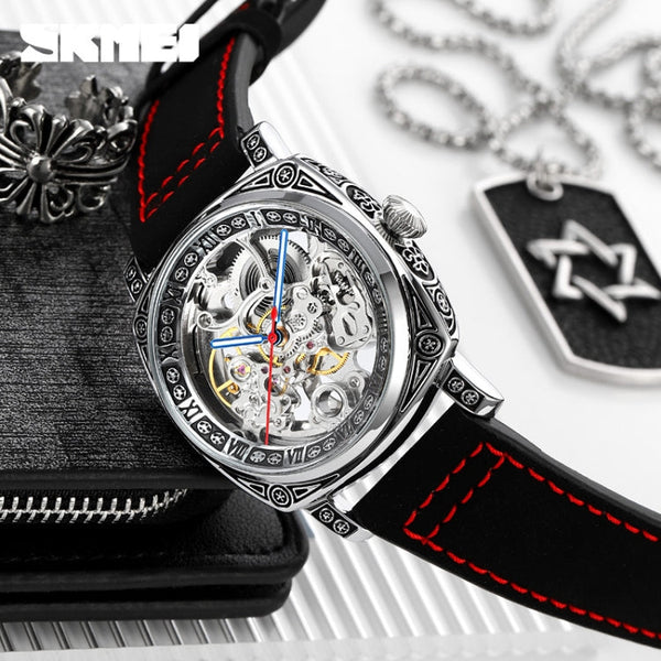 SKMEI 9271 Stainless Steel Buckle Leather Strap Waterproof Mechanical Watch