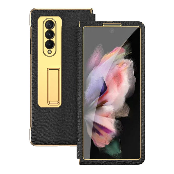 Cross Texture Integrated Electroplating Hinge Flip Phone Case with Tempered Film