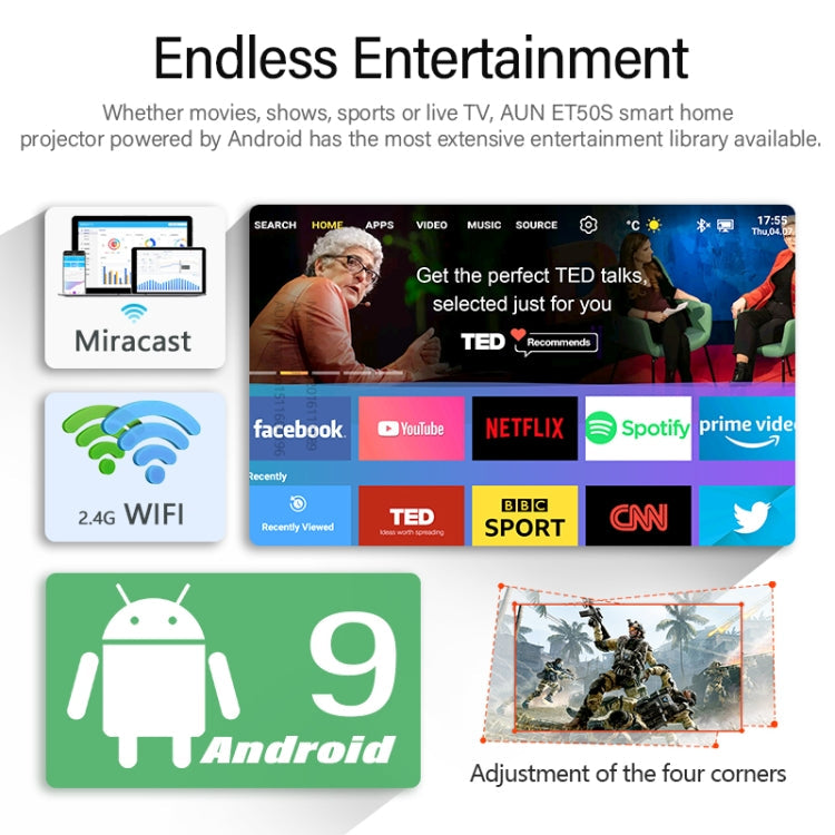 AUN ET50 4 inch 180 Lumens 1920x1080P Smart LED Mini Projector, US Plug