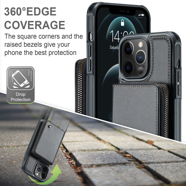 JEEHOOD C22 Series Zipper Wallet Leather Phone Case with Dual Lanyard