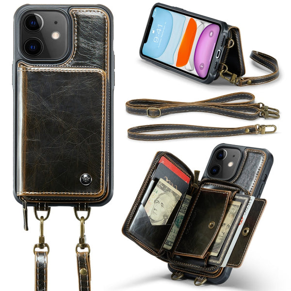 JEEHOOD C22 Series Zipper Wallet Leather Phone Case with Dual Lanyard