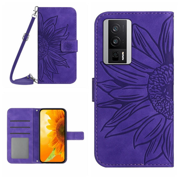 Skin Feel Sun Flower Embossed Flip Leather Phone Case with Lanyard