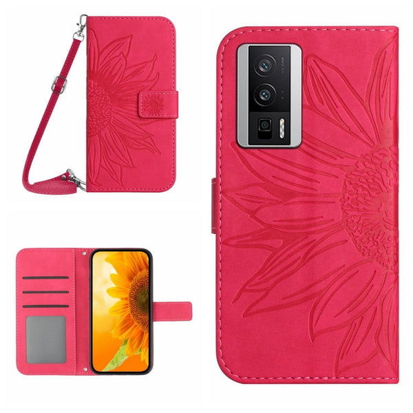 Skin Feel Sun Flower Embossed Flip Leather Phone Case with Lanyard