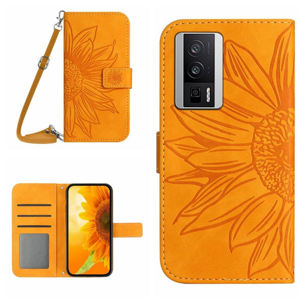 Skin Feel Sun Flower Embossed Flip Leather Phone Case with Lanyard