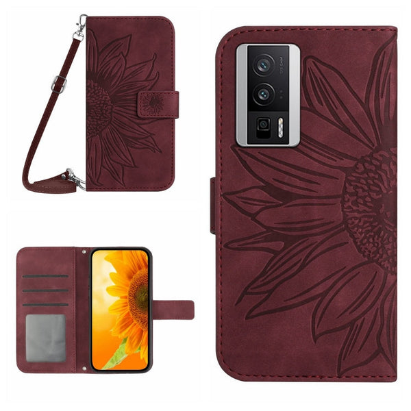 Skin Feel Sun Flower Embossed Flip Leather Phone Case with Lanyard