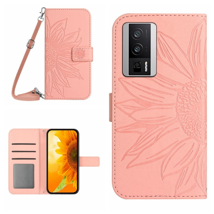 Skin Feel Sun Flower Embossed Flip Leather Phone Case with Lanyard
