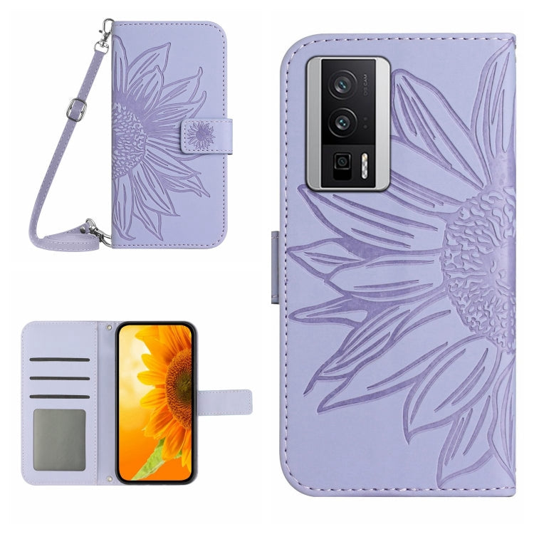 Skin Feel Sun Flower Embossed Flip Leather Phone Case with Lanyard