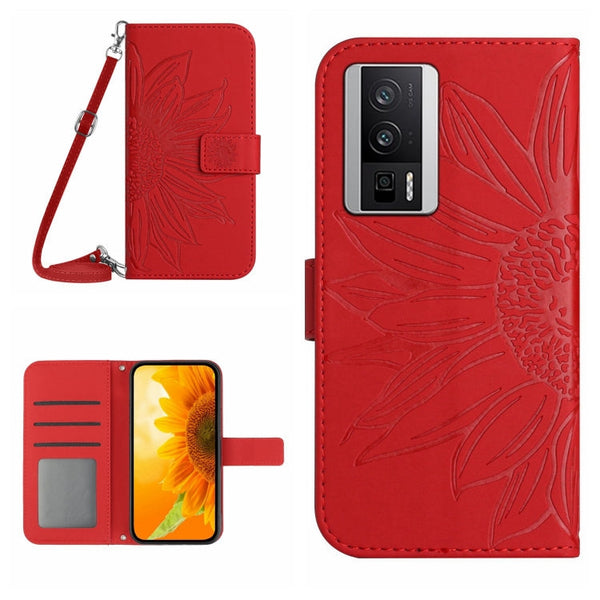 Skin Feel Sun Flower Embossed Flip Leather Phone Case with Lanyard