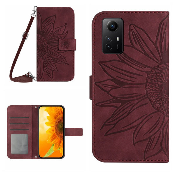 Skin Feel Sun Flower Embossed Flip Leather Phone Case with Lanyard