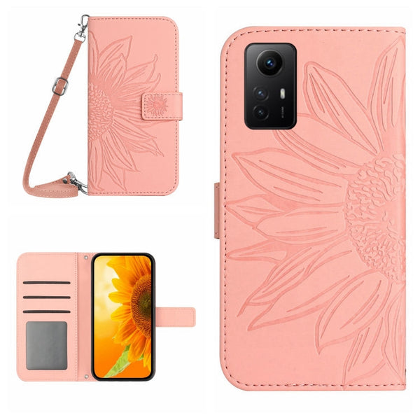 Skin Feel Sun Flower Embossed Flip Leather Phone Case with Lanyard