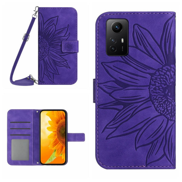 Skin Feel Sun Flower Embossed Flip Leather Phone Case with Lanyard