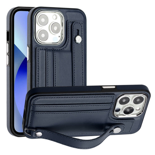 Shockproof Leather Phone Case with Wrist Strap, For iPhone 13, For iPhone 13 Pro, For iPhone 13 Pro Max, For iPhone 12 / 12 Pro