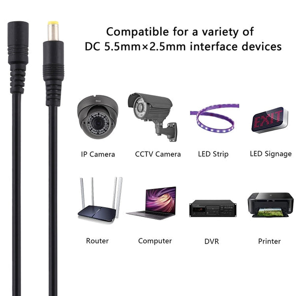 5.5 x 2.5mm Female to Male DC Power Extension Cable, 1m, 1.5m, 3m, 5m, 10m