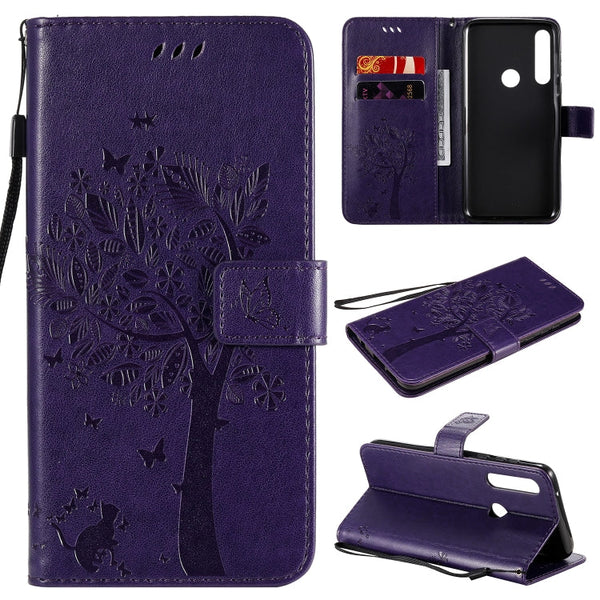 Tree & Cat Embossed Pattern Horizontal Flip Leather Case with Holder & Card Slots & Wallet & Lanyard, For Motorola Moto G Power, For Motorola Moto G8 Power Lite