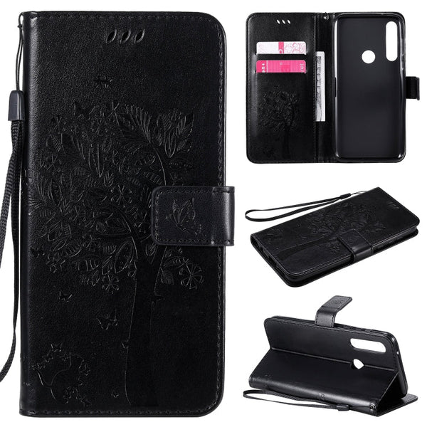 Tree & Cat Embossed Pattern Horizontal Flip Leather Case with Holder & Card Slots & Wallet & Lanyard, For Motorola Moto G Power, For Motorola Moto G8 Power Lite