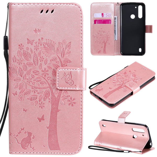 Tree & Cat Embossed Pattern Horizontal Flip Leather Case with Holder & Card Slots & Wallet & Lanyard, For Motorola Moto G Power, For Motorola Moto G8 Power Lite