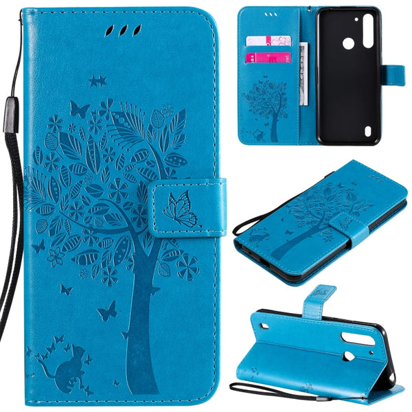 Tree & Cat Embossed Pattern Horizontal Flip Leather Case with Holder & Card Slots & Wallet & Lanyard, For Motorola Moto G Power, For Motorola Moto G8 Power Lite