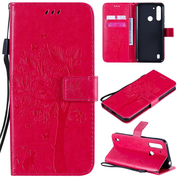 Tree & Cat Embossed Pattern Horizontal Flip Leather Case with Holder & Card Slots & Wallet & Lanyard, For Motorola Moto G Power, For Motorola Moto G8 Power Lite
