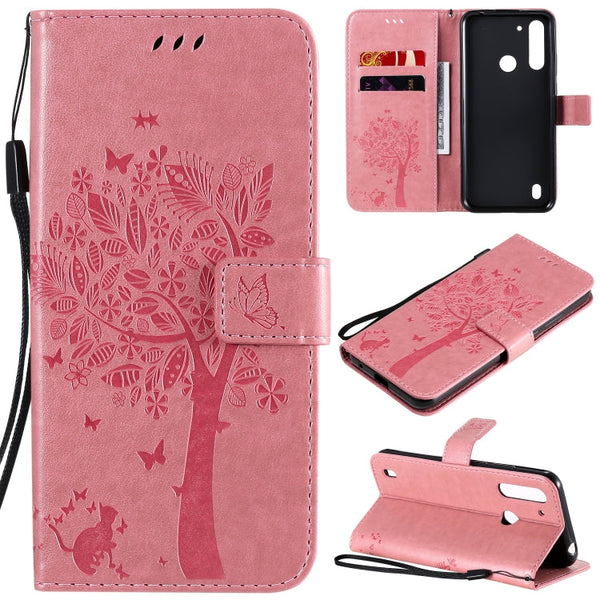 Tree & Cat Embossed Pattern Horizontal Flip Leather Case with Holder & Card Slots & Wallet & Lanyard, For Motorola Moto G Power, For Motorola Moto G8 Power Lite