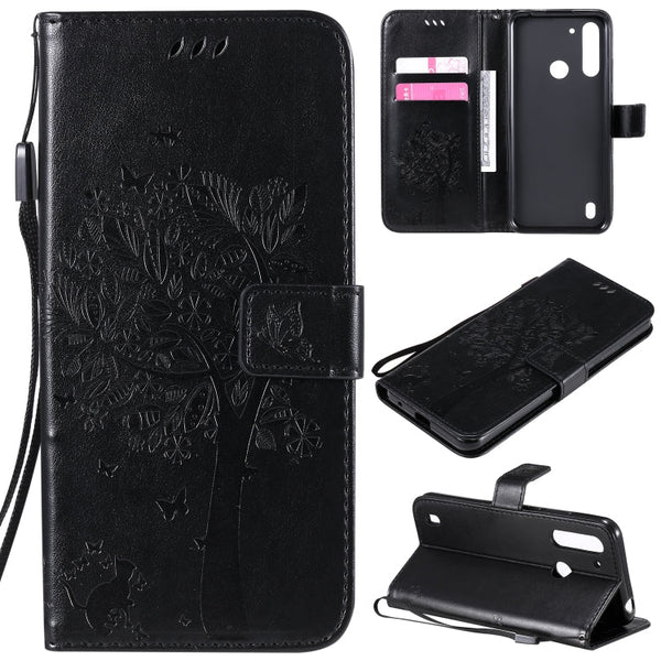 Tree & Cat Embossed Pattern Horizontal Flip Leather Case with Holder & Card Slots & Wallet & Lanyard, For Motorola Moto G Power, For Motorola Moto G8 Power Lite