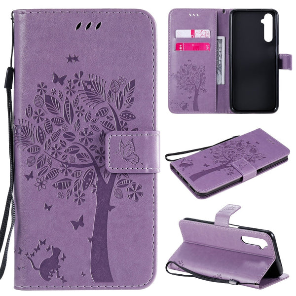Tree & Cat Embossed Pattern Horizontal Flip Leather Case with Holder & Card Slots & Wallet & Lanyard, For Motorola Moto G8 Power, For OPPO Realme 6