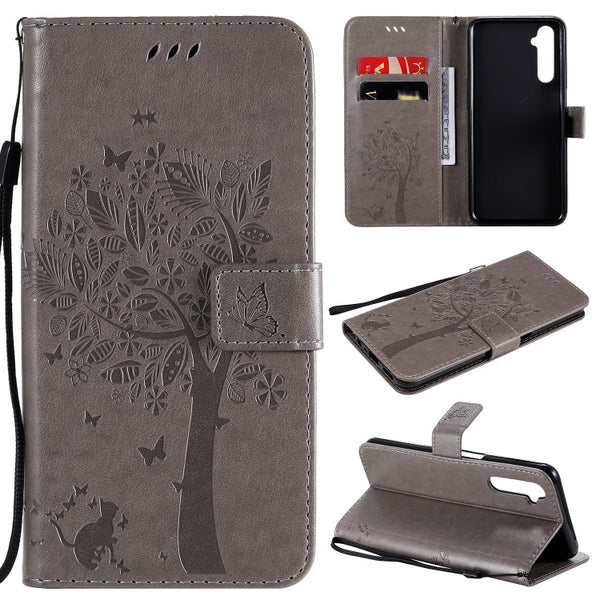 Tree & Cat Embossed Pattern Horizontal Flip Leather Case with Holder & Card Slots & Wallet & Lanyard, For Motorola Moto G8 Power, For OPPO Realme 6