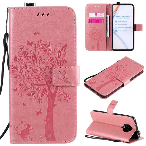 Tree & Cat Embossed Pattern Horizontal Flip Leather Case with Holder & Card Slots & Wallet & Lanyard, For Xiaomi Redmi K30 Pro, For Xiaomi Redmi Note 9 Pro