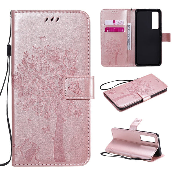 Tree & Cat Embossed Pattern Horizontal Flip Leather Case with Holder & Card Slots & Wallet & Lanyard, For Xiaomi Redmi Note 9, For Huawei Nova 7 Pro