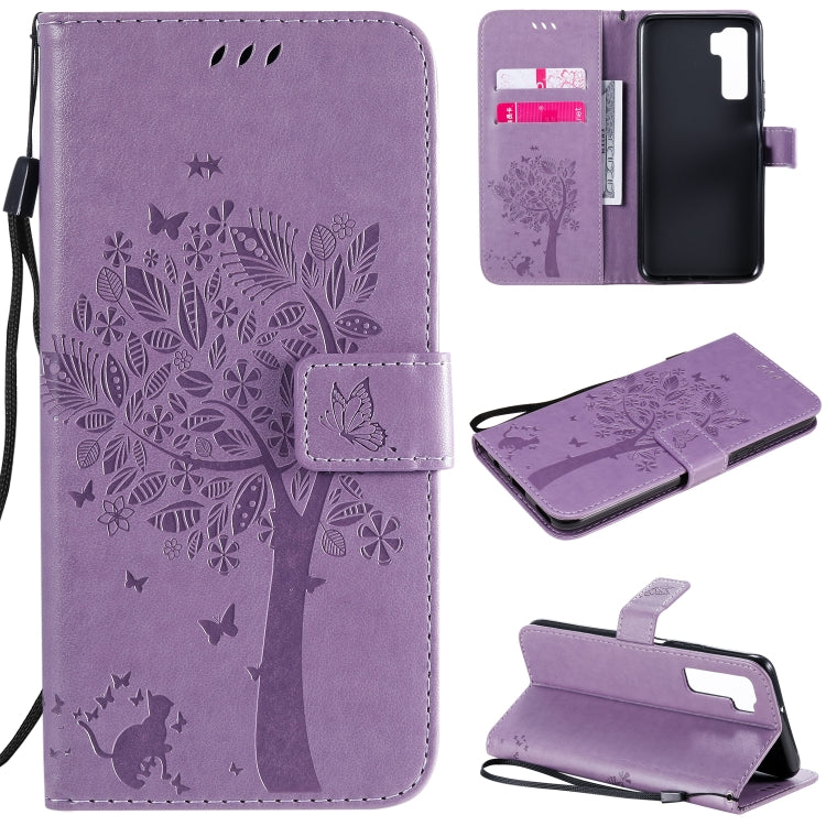 Tree & Cat Embossed Pattern Horizontal Flip Leather Case with Holder & Card Slots & Wallet & Lanyard, For Huawei Nova 7 SE, For Huawei Nova 7