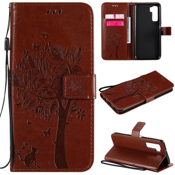 Tree & Cat Embossed Pattern Horizontal Flip Leather Case with Holder & Card Slots & Wallet & Lanyard, For Huawei Nova 7 SE, For Huawei Nova 7